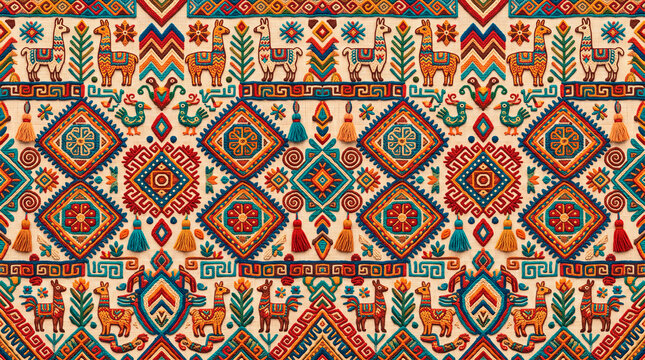 Seamless ethnic bohemian pattern with embroidered llamas and native tribal geometric ornaments