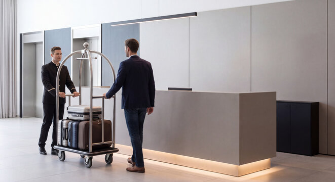 A bellboy pushing a brass luggage trolley assists a business guest arriving at the reception desk in a contemporary luxury hotel lobby