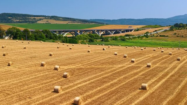 Straw bales in a field below an arched viaduct. Cylindrical bundles lie across yellow stubble, with a concrete bridge and wooded hills behind them.