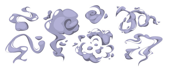 Fototapeta premium Manga smoke and cloud effects for comic illustration. Cartoon dust trails with speed motion elements, wind puffs and dynamic energy shapes. Vector graphic animation set with explosive action bursts.