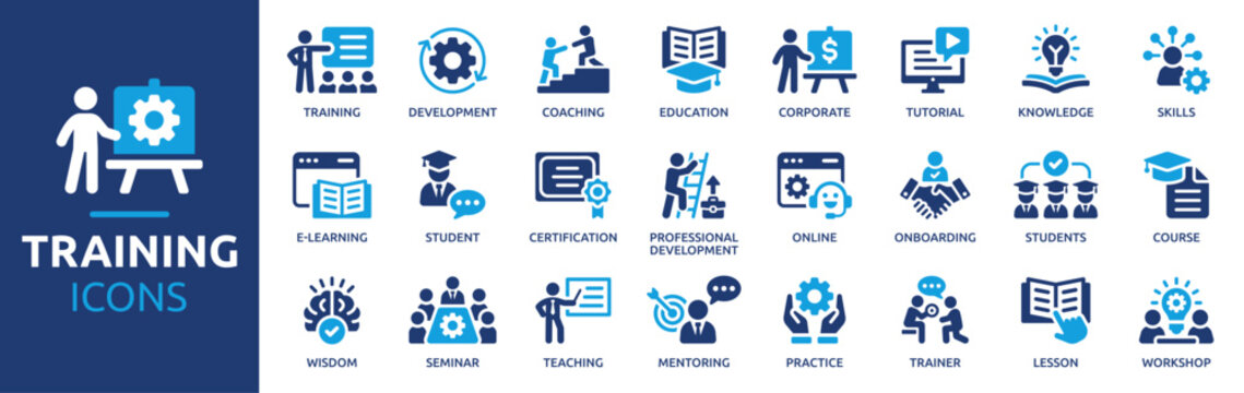 Training icon set. Containing education, learning, development, coaching, teaching, mentoring and professional development, solid vector collection.