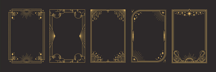 Naklejka na ściany i meble Tarot frame with celestial border and mystic star patterns. Elegant gold card design with esoteric symbols, vintage sun icons, zodiac ornaments and sacred alchemy elements for astrology artwork.