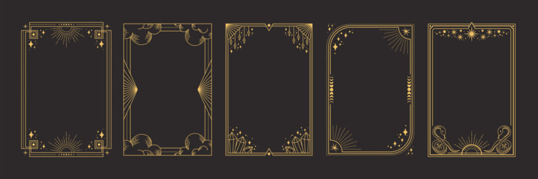 Tarot frame with celestial border and mystic star patterns. Elegant gold card design with esoteric symbols, vintage sun icons, zodiac ornaments and sacred alchemy elements for astrology artwork.