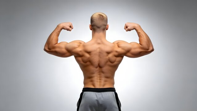 Muscular man flexing back muscles from behind in studio