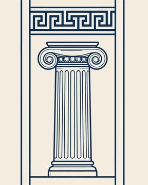 Classical greek architectural column with doric style capital and meander