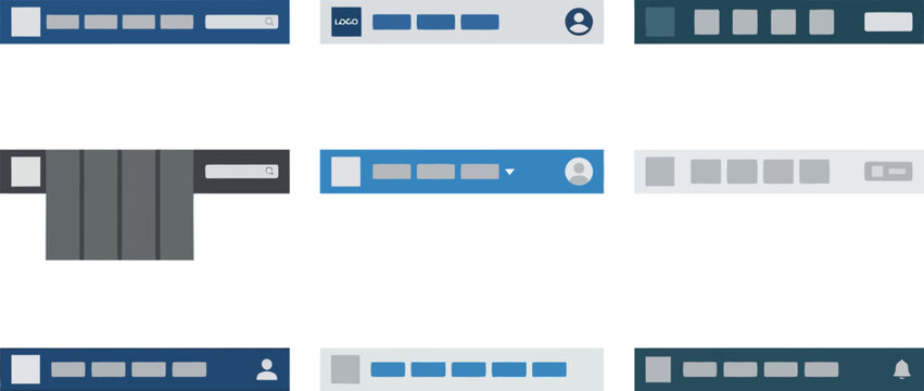 A collection of user interface navigation bars for websites showcases various layout structures and interactive elements that help developers build functional web platforms for professional