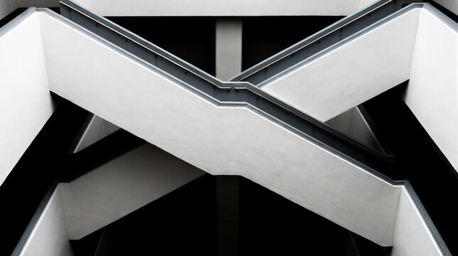 Geometric architecture features parallel switchback flights crossing over each other in a tall vertical atrium