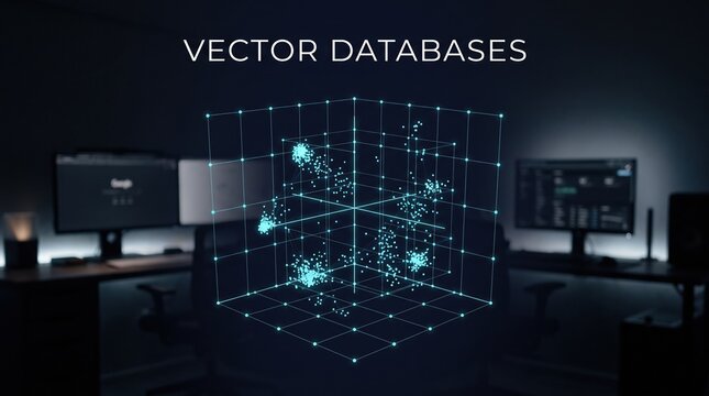 Conceptual visualization of vector data in a 3D grid, symbolizing advanced database technology for artificial intelligence and machine learning