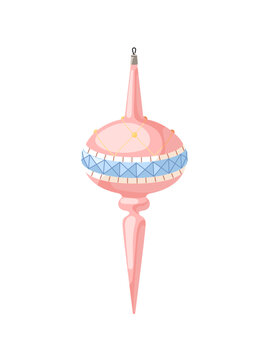 Vintage pink Christmas tree bauble decorated with crystals. Retro Xmas ornament. New Year decor in Soviet style. Winter holiday decoration. Flat isolated vector illustration on white background