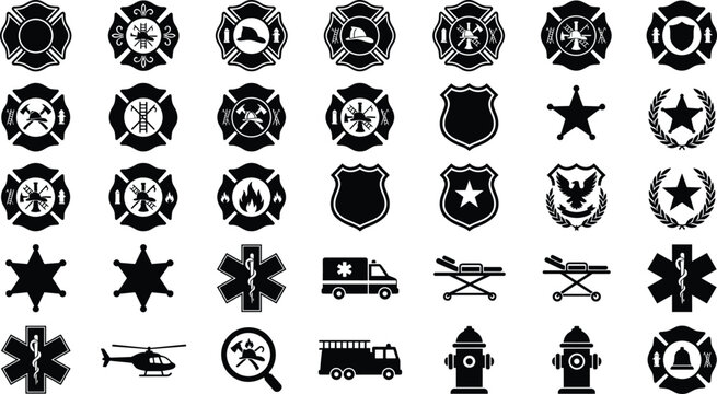 Emergency services and firefighting silhouette icon set with badges, trucks, and medical symbols