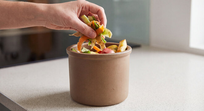 Close up of a hand placing leftover vegetable peels and organic food scraps into an indoor ceramic composting bin on a kitchen countertop