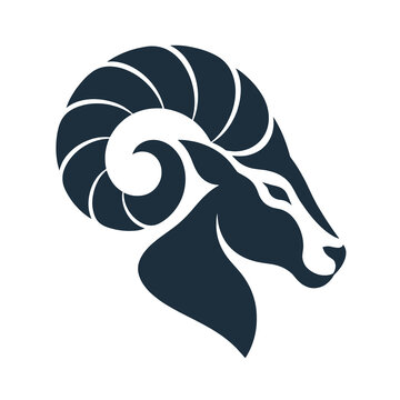 Dark Blue Ram Head Silhouette with Curved Horns