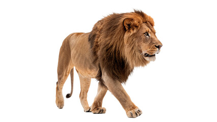 Large wild brown male lion walking profile isolated on transparent background © Oliver