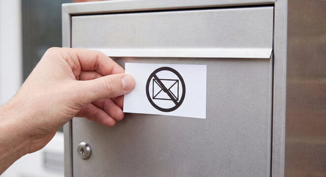 Close up of a person sticking a no junk mail sticker onto the metallic flap of an outdoor residential mailbox to prevent paper waste