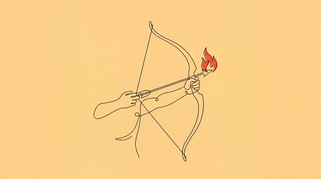 minimalist illustration art, a minimalist hand elegantly draws a bow with an arrow against a warm backdrop