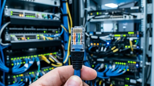 It technician holding a blue ethernet cable in front of a network server rack with it support data center internet connection network connectivity computer networking system administrator