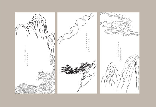 Bonsai tree with cran birds and hand drawn wave elements. Geometric pattern in vintage style. Japanese background with wave , bamboo leaf, bonsai tree. Asian traditional icon vector.