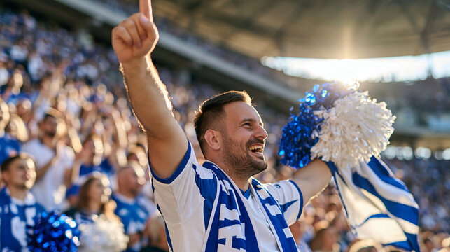 Close-up realistic photography of a sports fan holding a generic foam finger alongside plain pom-poms and a rally towel, only hands and forearms visible, stadium seating and cheering spectators soft