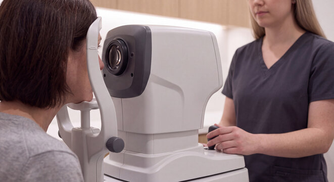 Female eye doctor operating an automated ophthalmic diagnostic machine while examining the eyes of a patient