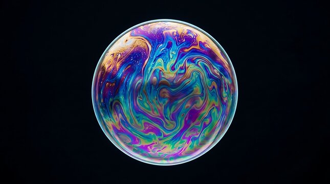 Single iridescent soap bubble on black background showing swirling colors with iridescent sphere rainbow colors floating bubble swirling patterns surface tension macro photography circular shape