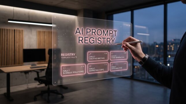 Professional engaging with a transparent holographic AI prompt registry interface, demonstrating advanced data management and innovative future technology in a modern office