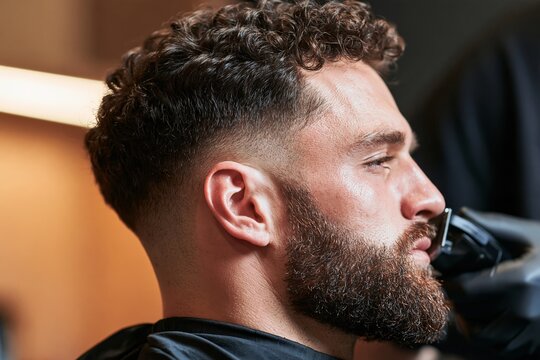 Young man with curly hair and full beard receiving detailed facial hair shaping, showing a clean fade and profile in a professional barbershop interior