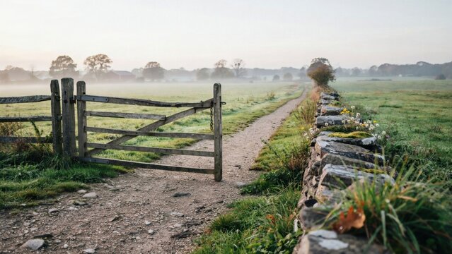 A wooden gate stands open on a dirt path beside a stone wall in a misty field with field bordered traditional footpath running through through foggy green