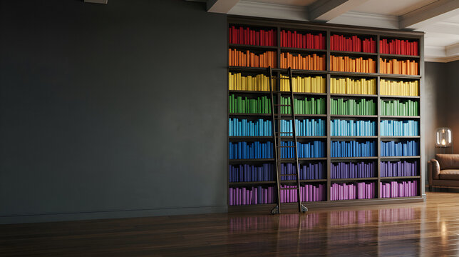 Colorful bookshelf wall with rainbow-organized books in modern library or study room interior with wooden floor and minimalist decor