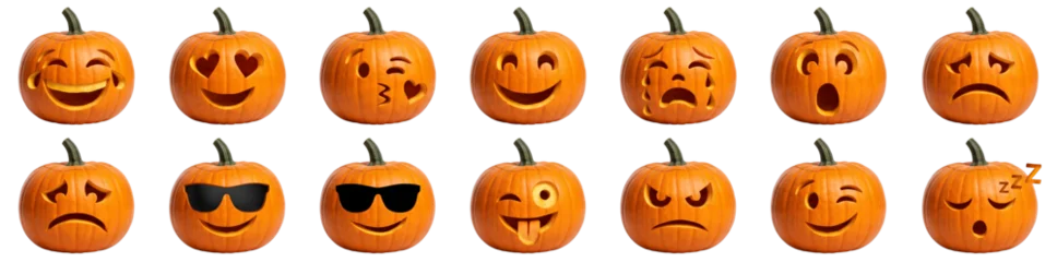 Set of carved Halloween jack-o'-lantern pumpkins with popular emoji expressions, isolated PNG cutout on transparent background, funny emoji faces collection for autumn holiday design elements. © juanorihuela