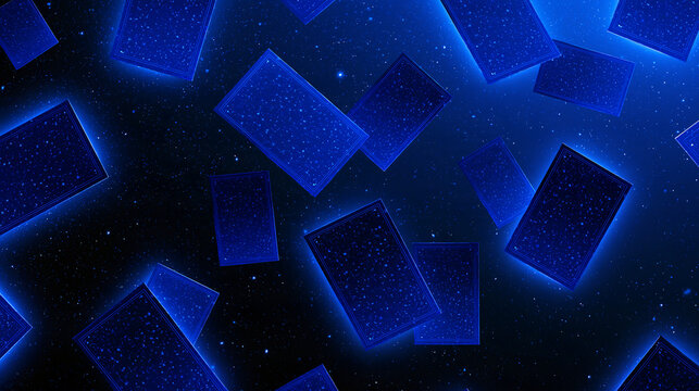 Abstract composition of blue tarot card backs patterned with small original stars overlapping paper rectangles floating across a deep blue starry sky background with softly