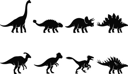 Dinosaur Silhouette Collection with Brachiosaurus, Triceratops, Stegosaurus, Ankylosaurus, Velociraptor and Parasaurolophus © MdSabbir
