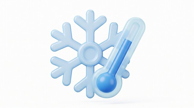 3D thermometer with low temperature, blue snowflake crystal, and celsius degree symbol for cold weather, freezing, and winter concept cold climate, frost, cooling system, and weather measurement