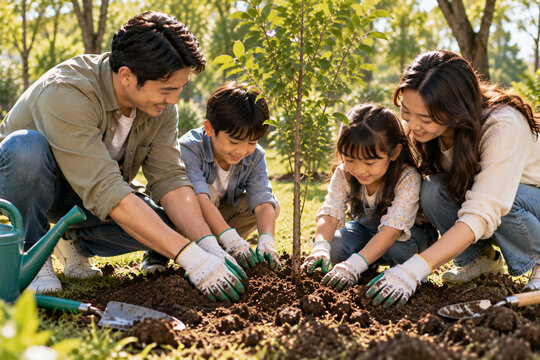 Family members with mother, father, and two children work together to plant a young tree sapling in the soil during a sunny day outdoors.