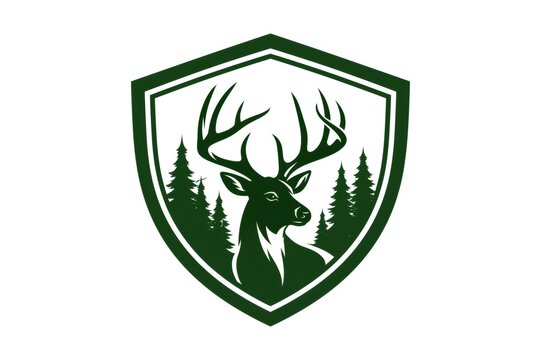 Deer head with antlers in forest shield logo