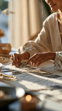 Close cropped view of a tarot reader at a pale table in an airy room hands turning a single card beside an orderly spread and soft cream curtains illuminated by daylight tarot