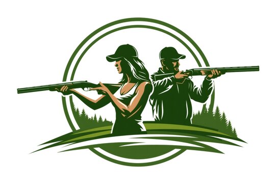 Man and woman holding shotguns aiming in forest