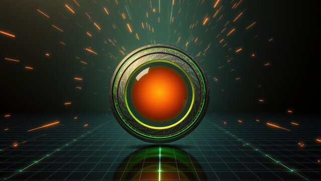 Glowing sphere dominates dark background. Lines radiate outward, creating futuristic effect. Grid floor reflects light, adding depth.
