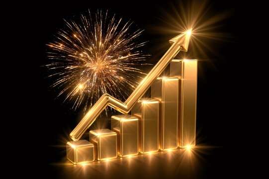 Golden bar chart showing growth with fireworks celebration