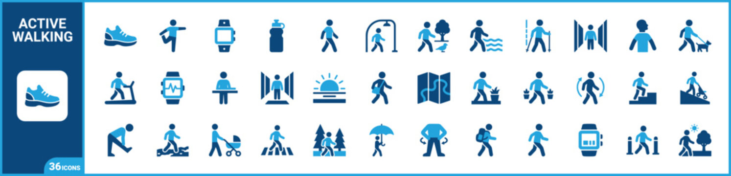 Walking and active movement two-tone icon set. Filled glyph pictograms of walking, outdoor recreation, physical exercise, and healthy routine elements, blue duotone illustration.