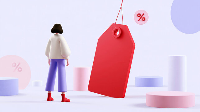 Clean conceptual illustration of a woman seen from behind beside an oversized red price tag in an airy pastel shopping environment simplified product plinths and floating