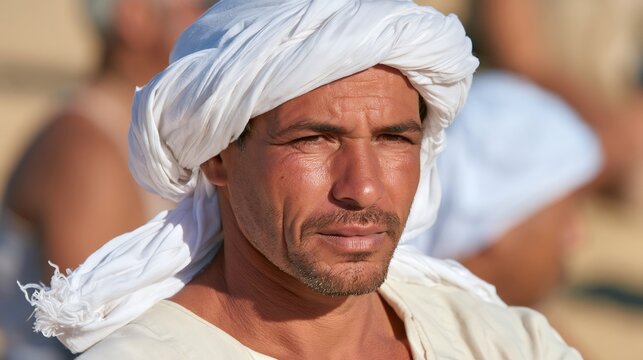 Bedouin man wearing turban looking at camera