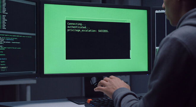 A young male technologist in a dark room monitors complex terminal text and green console outputs while sitting in front of several computer displays