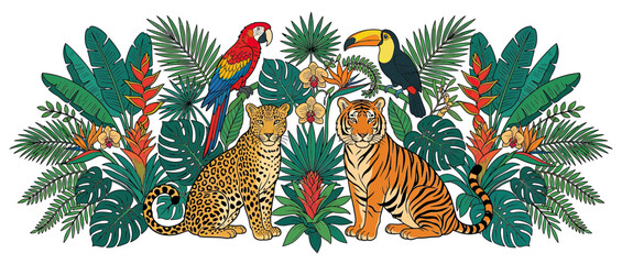 Fototapeta premium Jungle Animals and Tropical Plants Illustration