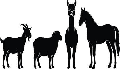 Fototapeta premium Farm Animal Silhouette Set with Goat, Sheep, Alpaca and Horse Standing in a Row