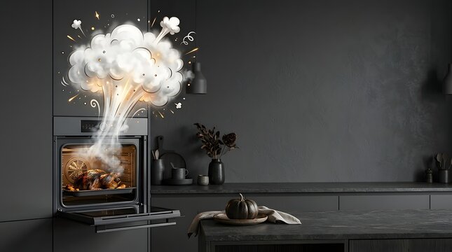 Cartoon style explosive white steam cloud bursting out of open modern black built in oven containing roasted turkey.