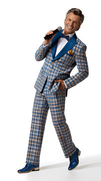 Cheesy game show host in flashy blue and tan plaid suit holding microphone tv emcee isolated white background.