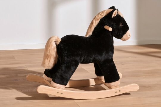 Plush black rocking horse toy in nursery