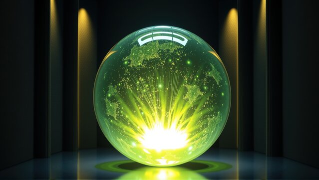 Glowing sphere suspended, illuminated interior radiates energy. Dark background emphasizes bright central focus, futuristic design.