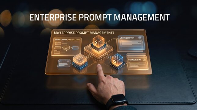 Interactive holographic display presenting an advanced enterprise solution for AI prompt management, streamlining intelligent automation workflows and data processing