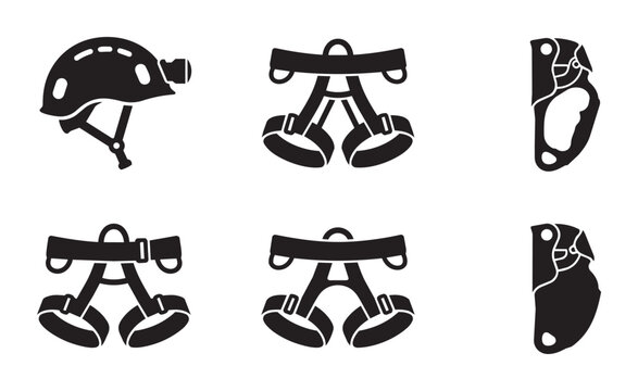 Rock Climbing Gear Icons: Helmet, Harness, Ascender Set, Vector Graphics for Adventure Sports, Outdoor Activities, and Safety Equipment